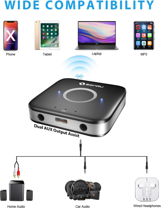 Bluetooth 5.3 адаптер-ресивер SONRU AUX RCA для авто та дому Hi-Fi аудіоприймач з шумозаглушенням та акумулятором Київ - фото 3