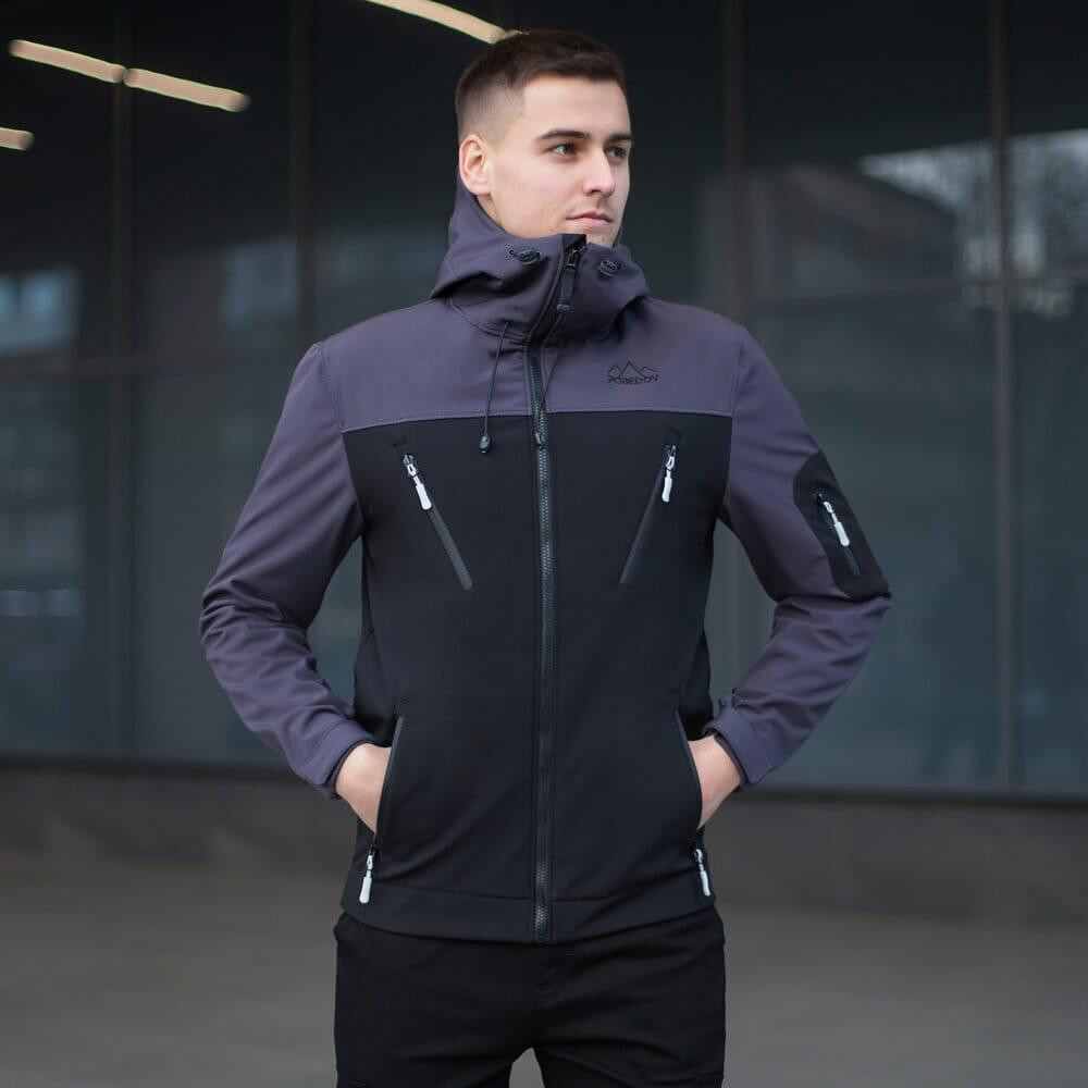 Куртка чоловіча демісезонна з капюшоном чорно-сіра Pobedov Korol' Lev Київ - фото 1