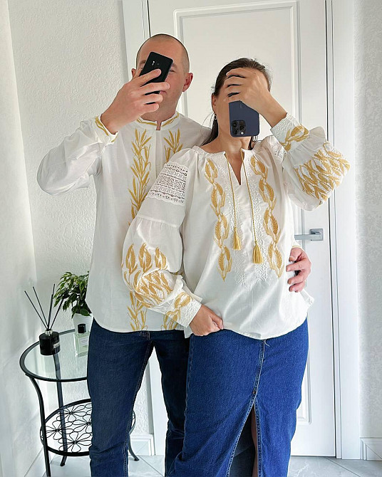 Женская стильная вышиванка с золотой вышивкой и с кружевными вставками 80% хлопок, 20% полиэстер. 44, Белый Одесса - изображение 4