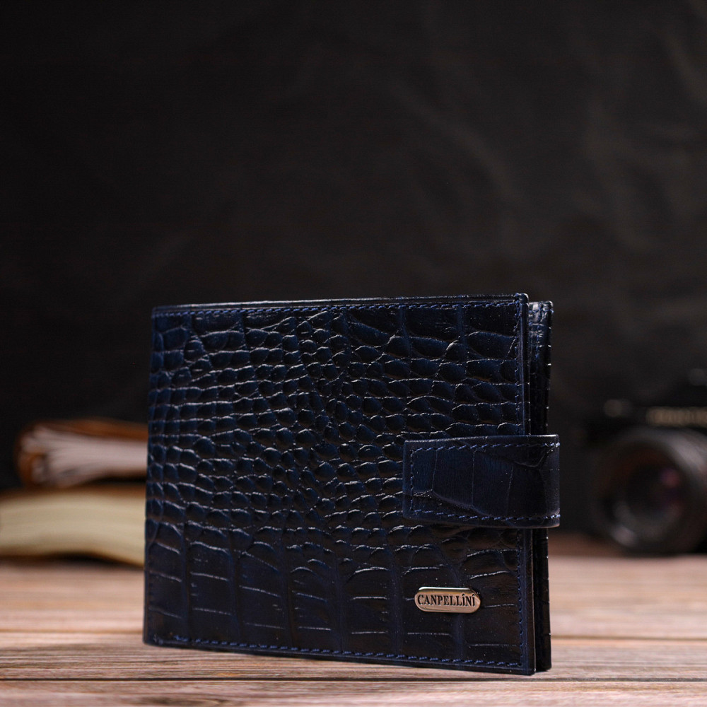 Містке горизонтальне портмоне для чоловіків з натуральної шкіри з тисненням під крокодила CANPELLINI 21883 Синє Київ - фото 8