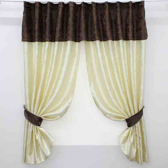 Кухонные шторы VR-Textil № 073к с ламбрекеном и подхватами светло-золотистый с коричневым 270х170 см (52-0170) Киев