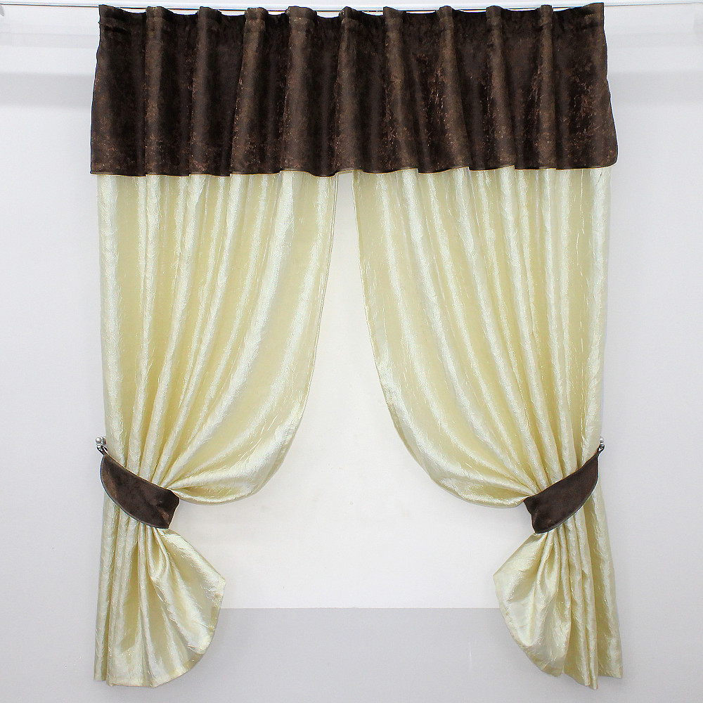 Кухонные шторы VR-Textil № 073к с ламбрекеном и подхватами светло-золотистый с коричневым 270х170 см (52-0170) Киев - изображение 1