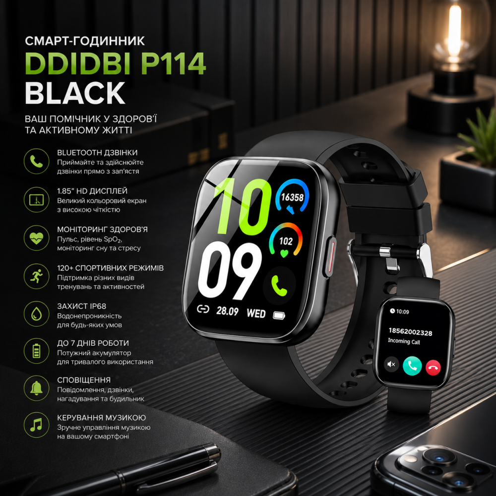Смарт-годинник Ddidbi P114 Black, Bluetooth 5.3, дзвінки, 1.85", IP68, пульс, SpO₂, 120+ спортивних режимів Київ - фото 9