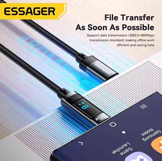 Essager кабель PD Type-C на Type-C з дисплеєм, підтримка швидкої зарядки до 240Вт (1м) Миколаїв