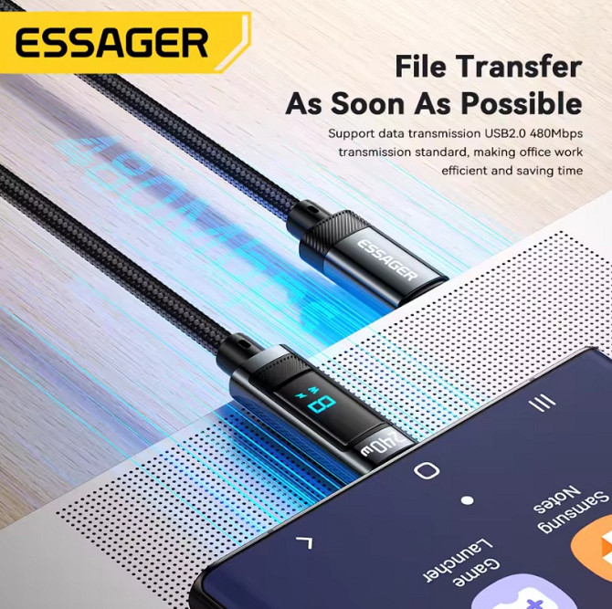 Essager кабель PD Type-C на Type-C з дисплеєм, підтримка швидкої зарядки до 240Вт (1м) Миколаїв - фото 2