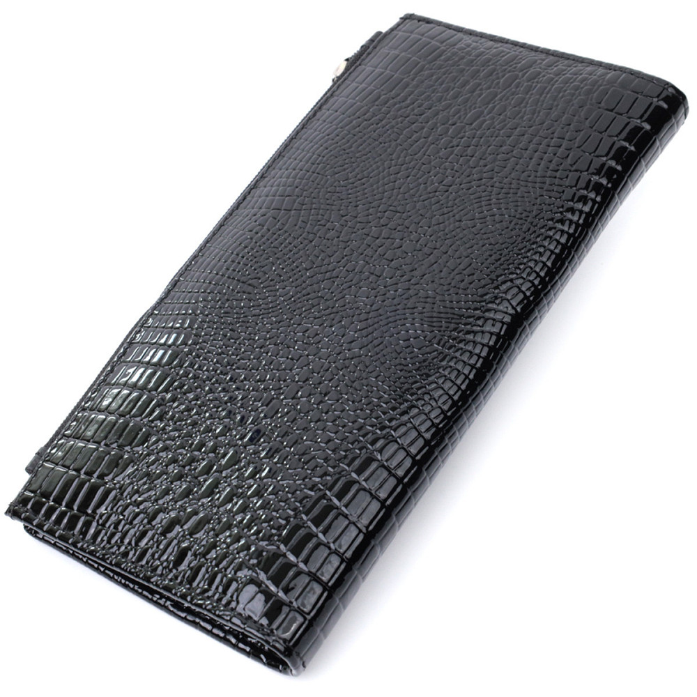 Лакированный тонкий кошелек с фактурой под рептилию из натуральной кожи ST Leather 22716 Черный Киев - изображение 10