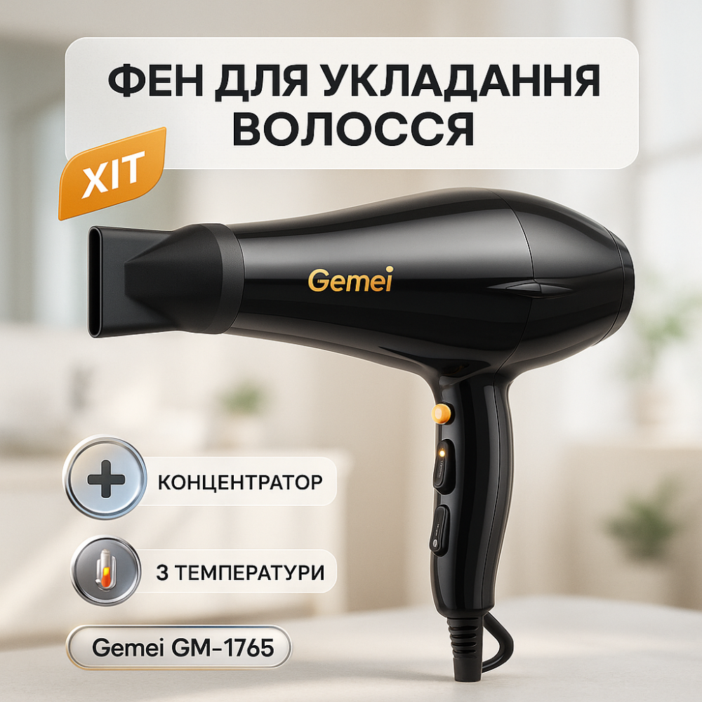 Фен с режимом ионизации Gemei GM 1765 2800 Вт, Женский фен для волос для красивой укладки волос VQ-42 Львов - изображение 12