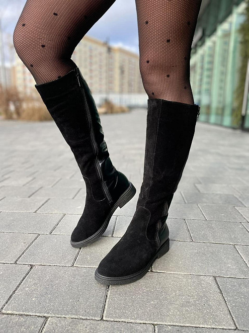 Чоботи жіночі зимові комбіновані натуральна шкіра + замша чорні на низькому ходу 5191 Коломыя - изображение 9