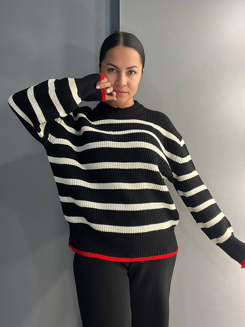 Свитер женский MIX RAY 6635 полоска оверсайз удлиненный свободный крой, черный, one size Киев - изображение 7