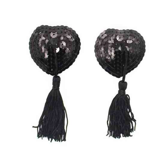 Наклейки для сосков Hearts с пайетками и кисточками - Чёрный – Эротическое бельё Винница