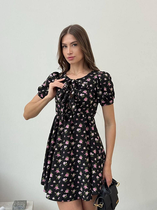 Женское легкое романтическое мини платье в цветочный принт турецкий софт Черный, 42/44 Одесса - изображение 2