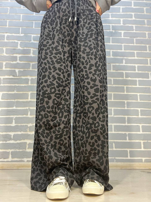 Брюки жіночі A-N 2630 палаццо леопардовий принт резинка на талії шнурок широкі сірі, сірий, L Київ - фото 1