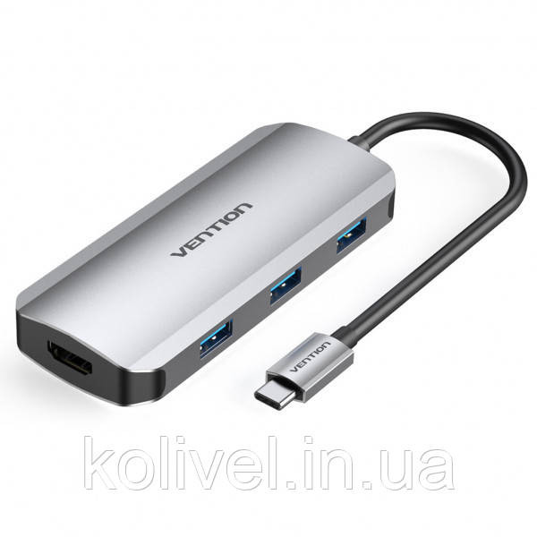 Док-станція USB3.1 Type-C --> HDMI/USB-C Gen 1/USB 3.0x3/PD 100W Hub 6-in-1 Vention (TOFHB) Київ - фото 1