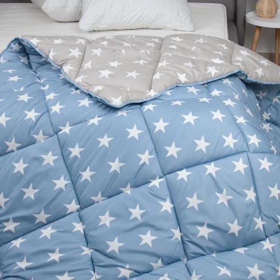 Ковдра двоспальна тепла зимова стьобана з мікрофібри ТЕП 180*205 см блакитна з малюнком зірки Одеса