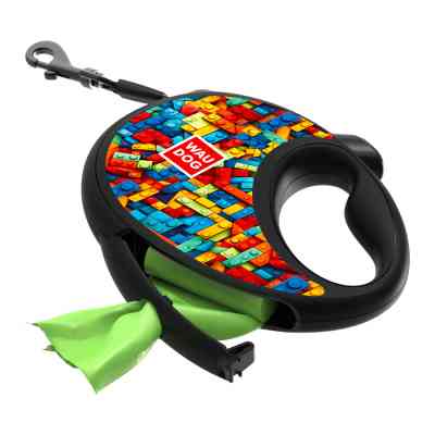Повідець для собак WAUDOG R-leash з контейнером для пакетів "Блоки", світловідбивна стрічка, S (255-4056) Вінниця