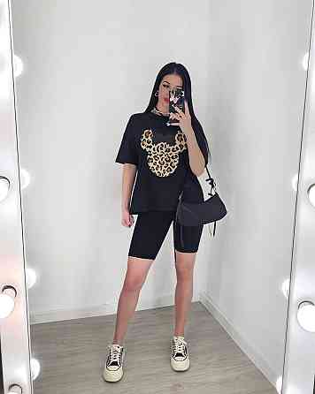 Женский летний костюм двойка: футболка с микки маусом и велосипедки турецкий кулир Черный, 46/48 Одесса