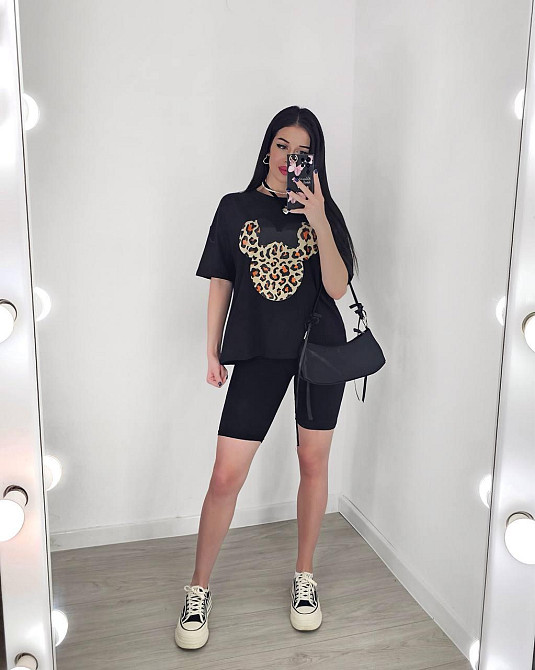 Женский летний костюм двойка: футболка с микки маусом и велосипедки турецкий кулир Черный, 46/48 Одесса - изображение 5
