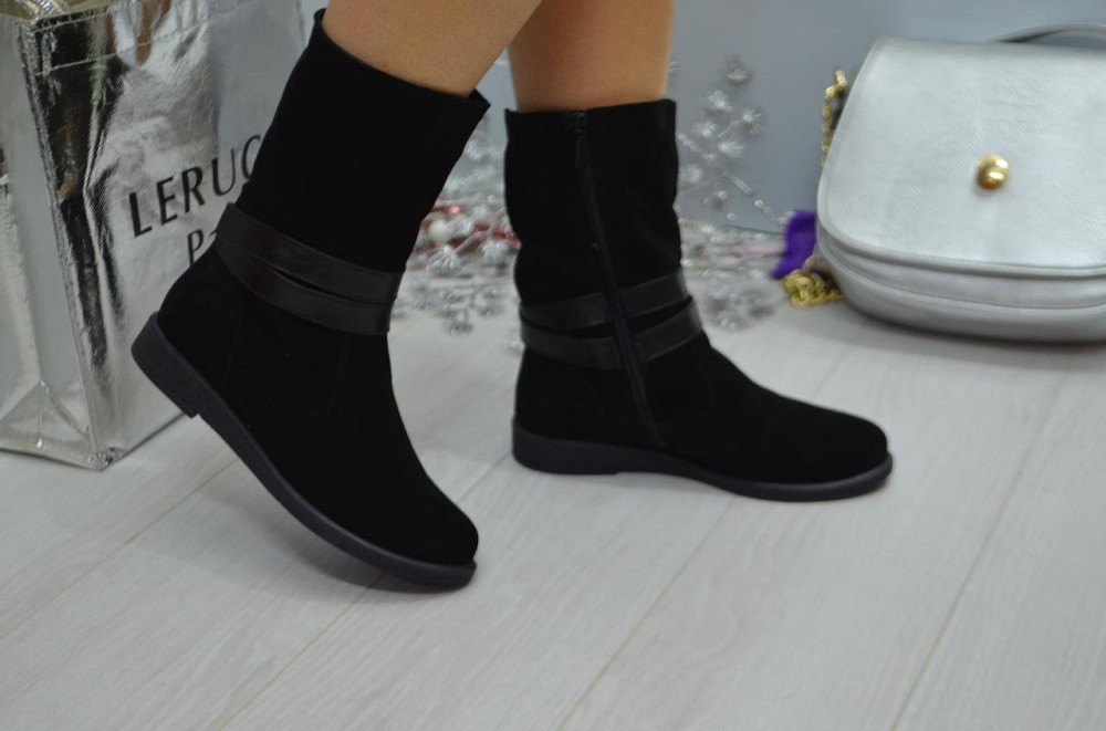 Напівчоботи жіночі ЭММА 01 чорні замша натуральна з хутром висота 21 см обхват 29,5-32 см (2376 Коломыя - изображение 2