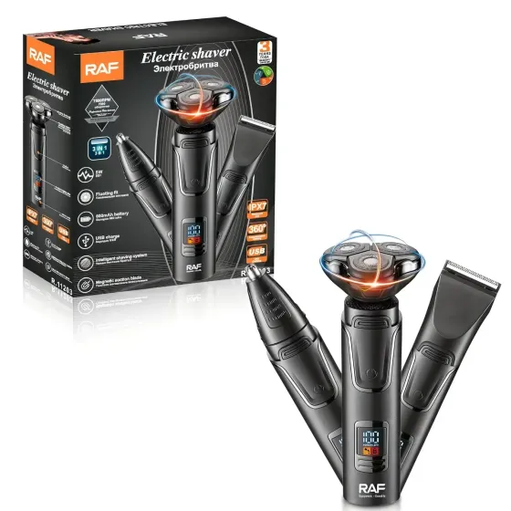 Электробритва RAF R11203 аккумуляторная с тремя головками, сухое бритье, триммер, черная, USB зарядка Одесса