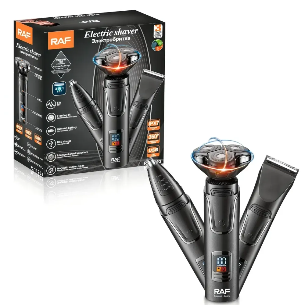 Электробритва RAF R11203 аккумуляторная с тремя головками, сухое бритье, триммер, черная, USB зарядка Одесса - изображение 2