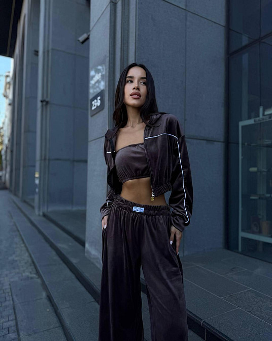 Жіночий теплий стильний костюм-трійка з м'якого велюру. Шоколад, 46/48 Одеса - фото 2