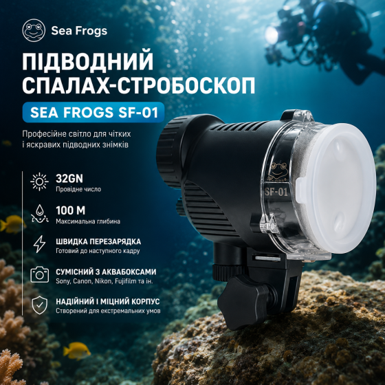 Професійний підводний спалах-стробоскоп Sea Frogs SF-01 (32GN, 100м) для аквабоксів Sony, Canon, Nikon, Fujifilm Київ