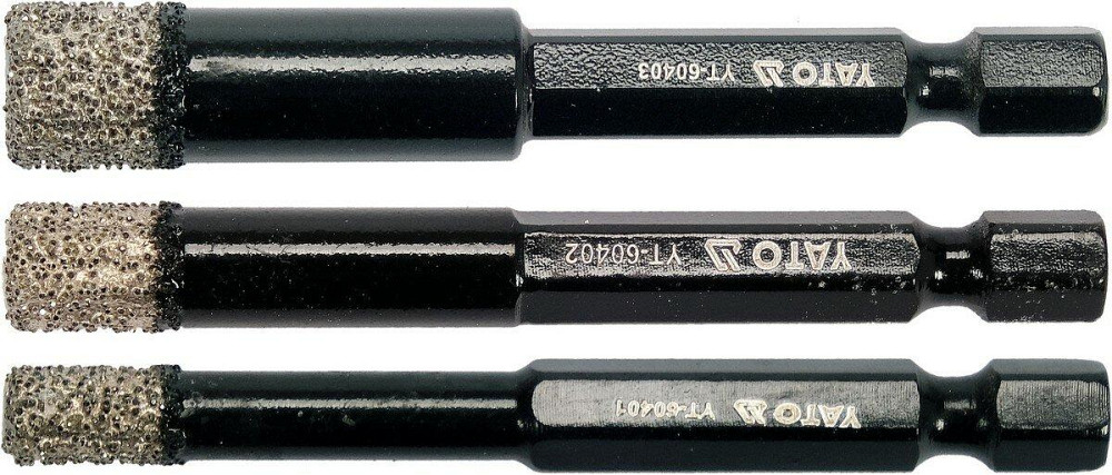 Свердла з алмазним пругом YATO, 3 шт. Ø= 6-8-10 мм, l= 65/10 мм, з 6-гран. шпинделем- 1/4