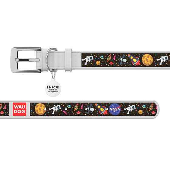 Нашийник для собак шкіряний WAUDOG Design з QR паспортом, малюнок "NASA", Ш 15 мм, Д 26-35 см, білий Вінниця