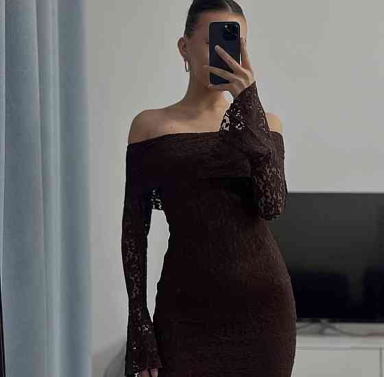 Женское романтическое кружевное платье со спущенными плечами гипюр + подкладка Коричневый, 42/44 Одесса