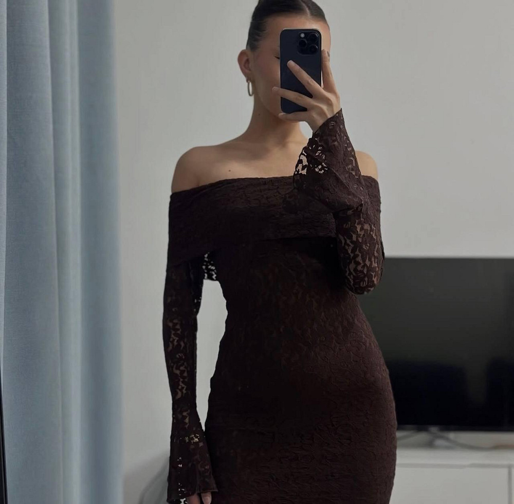 Женское романтическое кружевное платье со спущенными плечами гипюр + подкладка Коричневый, 42/44 Одесса - изображение 2