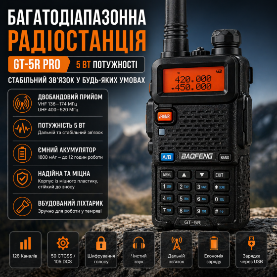 Радіостанція GT-5R Pro 5 Вт: Багатодіапазонна рація (VHF/UHF/Airband), NOAA, 1600 каналів, сумісна з UV-5R Київ