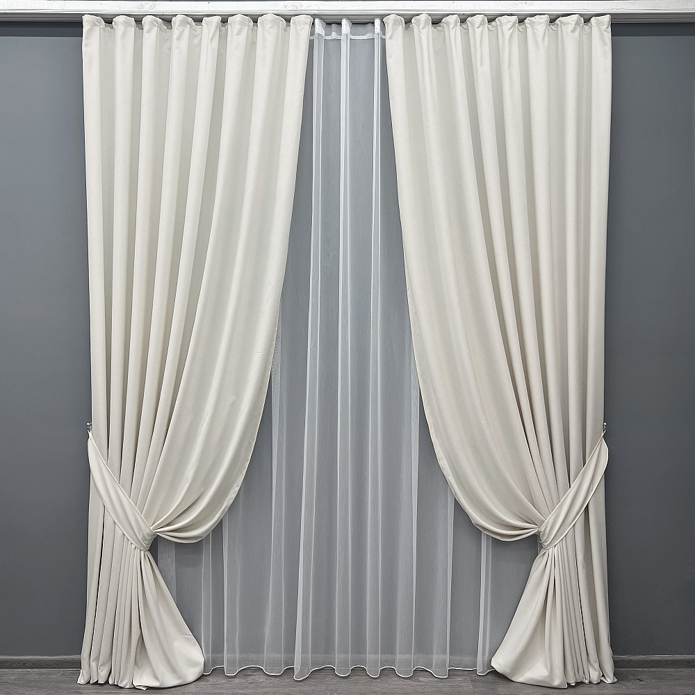 Комплект штор VR-Textil Мікровелюр Petek 150х270 2шт і Тюль 600х270 2020ш-1153т Молочний з білим 71-157/5 Київ - фото 1