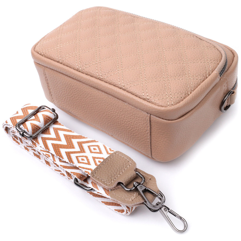 Модная женская сумка прошитая ромбами на лицевой стороне из натуральной кожи Vintage 22637 Бежевая Киев - изображение 7