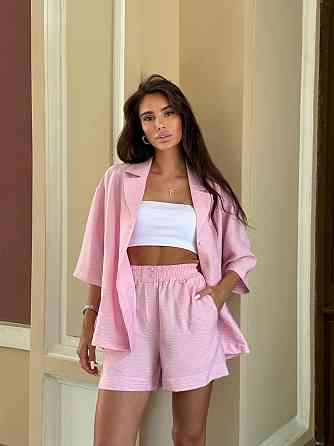 Женский летний базовый костюм двойка: шорты + рубашка свободного кроя лен бохо 46/48, Барби Одесса