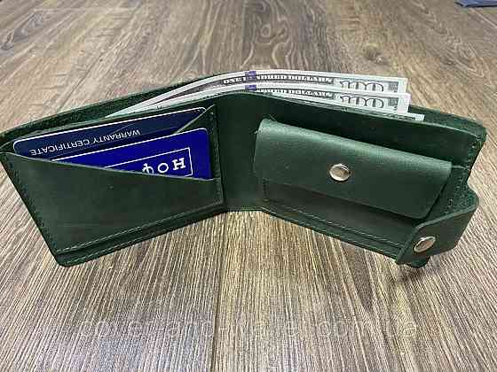 Винтажный кожаный кошелек ручной работы зеленого цвета LQ Leather Киев