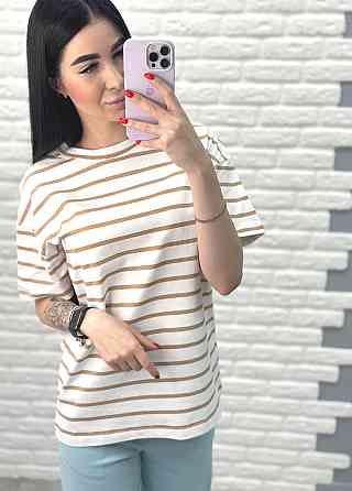 Подовжена футболка в смужку "Modis" оптом | Батал Капучіно, 50-52 Київ