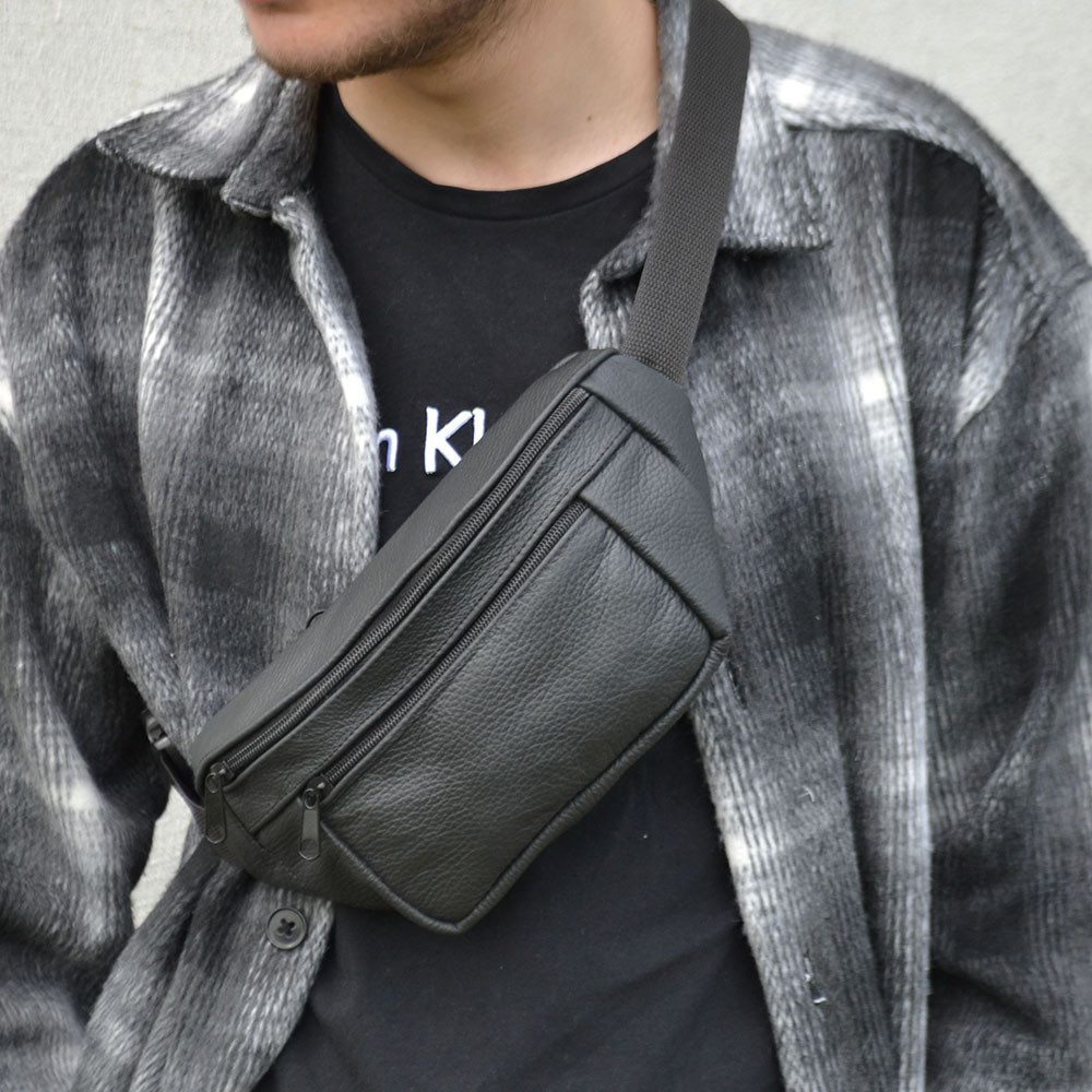 Бананка чоловіча чорна, Зручна чоловіча шкіряна бананка Сумка ремінь на пояс DN-38 Львів - фото 1