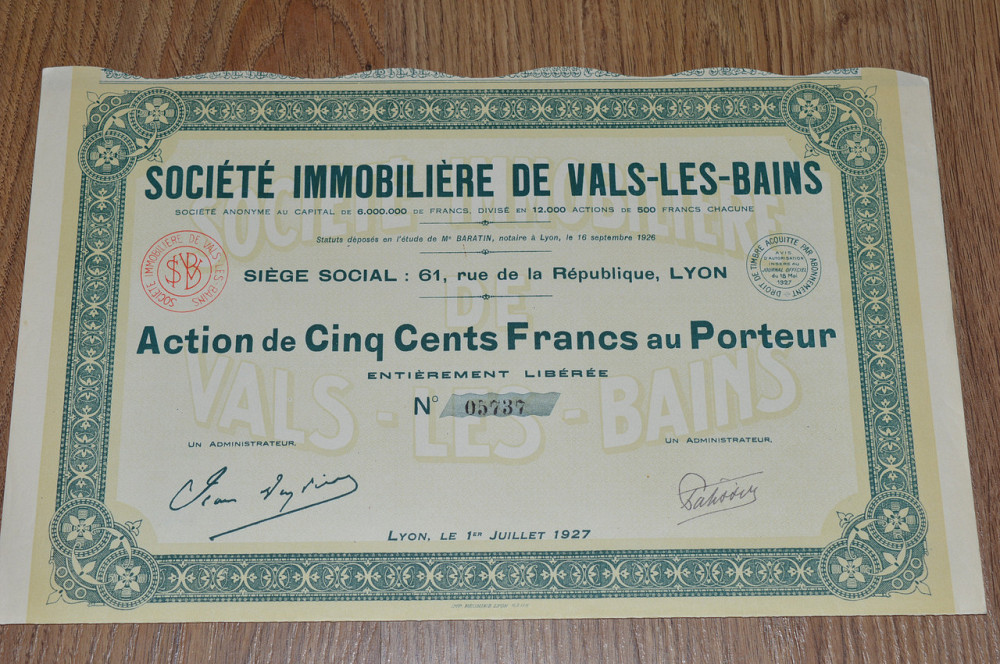 Акція. SOCIETE IMMOBILIERE DE VALS-LES-BAINS . 1926 рік №05737 (54) Полтава - фото 1