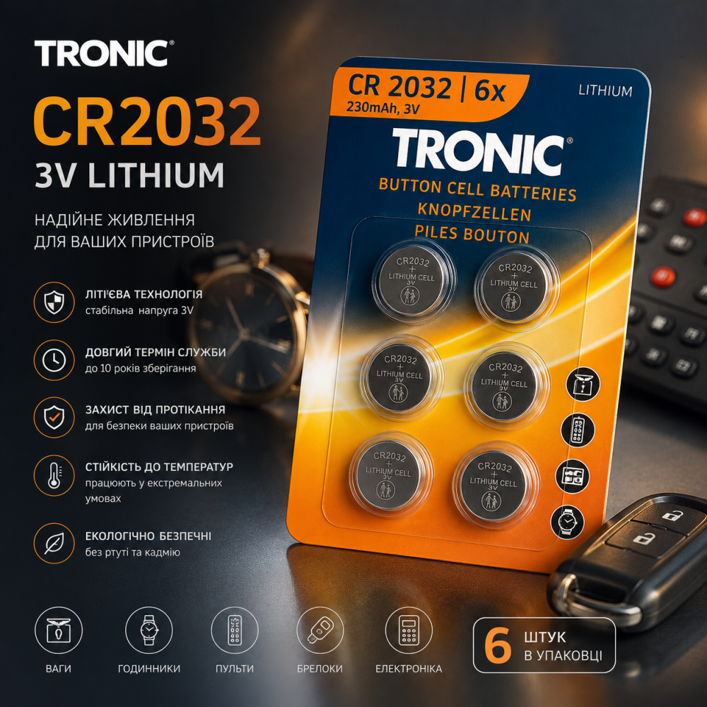 Батарейки літієві TRONIC CR2032 3V, комплект 6 шт, для ваг, годинників, пультів, брелоків та електроніки Київ - фото 2