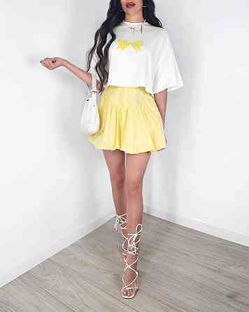 Женский летний романтичный костюм двойка: футболка и юбка турецкий кулир + коттон Желтый, 46/48 Одесса