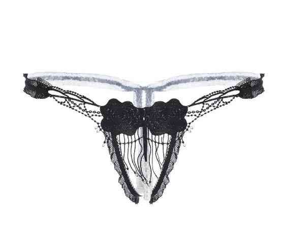 Трусики з розрізом, бусинками, квітками з тканини чорні - розмір універсальний, резинка до 80см Київ