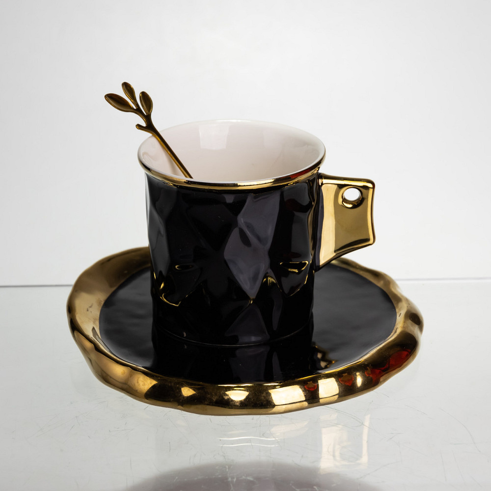Yiwu Чашка порцелянова для кави 200 (мл) з блюдцем і ложкою, гарна чашка в подарунок Чорний із Коломия - фото 1