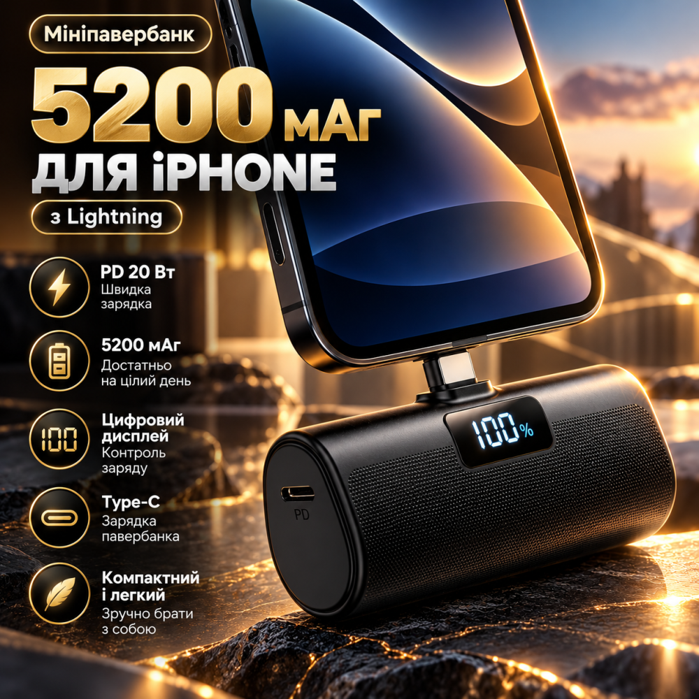 Мініпавербанк 5200 мАг для iPhone з Lightning, швидка зарядка PD 20 Вт, цифровий дисплей, Type-C, чорний Київ - фото 1