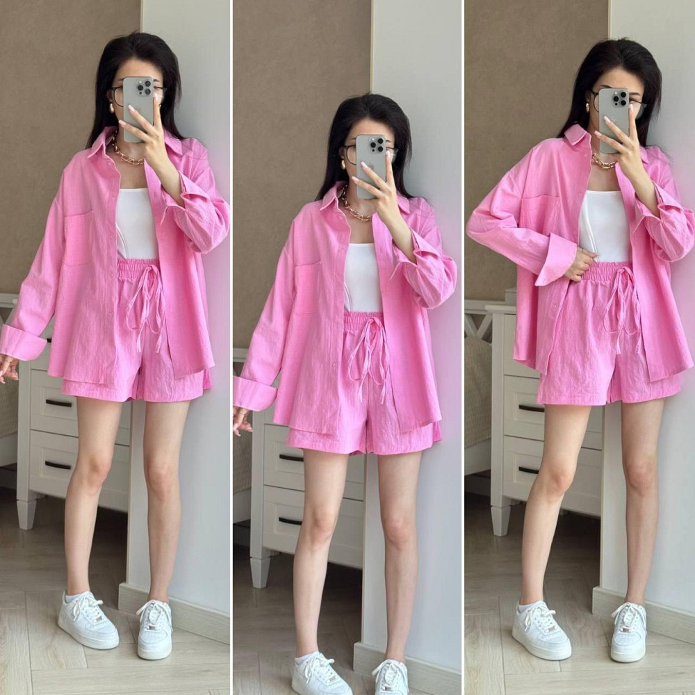 Жіночий літній костюм-двійка: сорочка та шорти турецький льон жатка Рожевий, 46/48 Одеса - фото 1