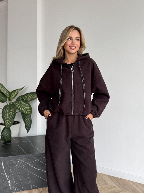 Жіночий стильний жіночий флісовий костюм-оверсайз із капюшоном. шоколад, 50/52 Одеса - фото 1