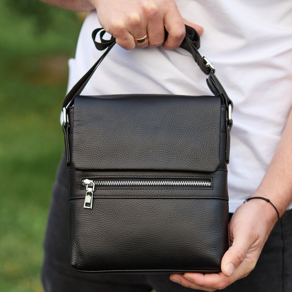 Кожаная мужская сумка-месенджер 21х23х5.5, сумочка кросс боди через плечо черная Tiding Bag 56230 Каменское - изображение 11