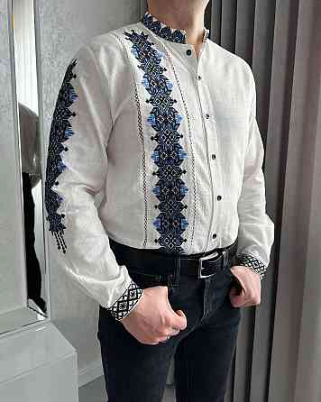 Мужская вышиванка в традиционном украинском стиле домотканый лен Белый, 48 Одесса