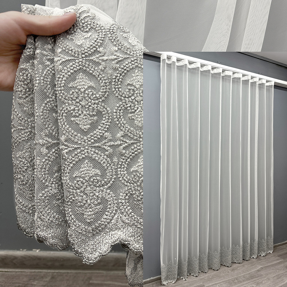 Тюль VR-Textil 1632т Грек-сітка з вишивкою та люрексом колір Молочний з сірим 300х270 см (42-0592) Київ - фото 1