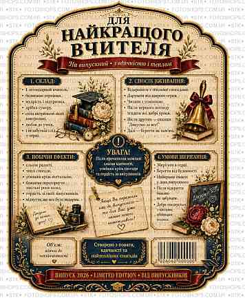 Етикетка на пляшку вина або ігристого для вчителя | Подарункова наліпка на пляшку | Етикетка та контретикетка для вчителя Одеса