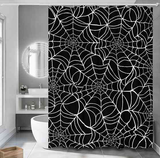 Шторка для ванної та душу з кільцями 180x180 см водостійка, шторка для ванної кімнати з гачками,чорна з принтом павутини Кам'янець-Подільський